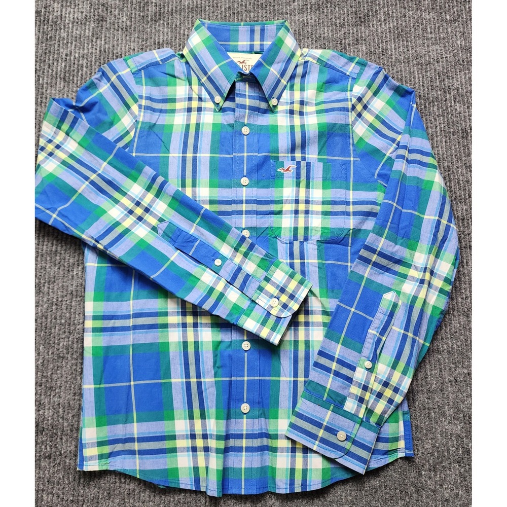 Hollister Mens Small Blue Green Plaid Long Sleeve Button Down Cotton Shirt S